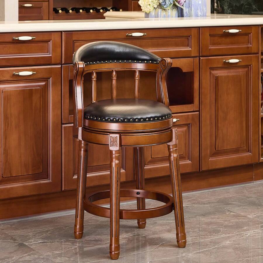 Cow Top Leather Wooden Bar Stools, 360 Degree Swivel Bar Height Chair With Backs For Home Kitchen Counter, Morden Chair Barstools - 黑色 - 查看 1