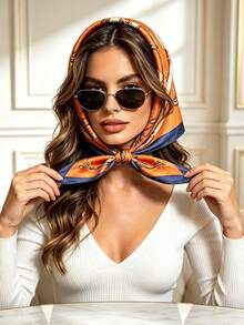 1 pieza Pañuelo cuadrado de satén con estampado de cadena y correa de cuero ecuestre vintage, pañuelo retro multifuncional, accesorio de decoración para bolso, adecuado para mujeres - Multicolor - Ver 8