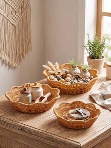 3pcs/1pc Handmade Woven Rattan Style Trays, Woven Rattan Fruit Baskets And Food Plates, Snack Trays, Woven Oval Dishes, Outdoor Picnic Plates, Reusable Dinnerware For Breakfast, Drinks, Coffee Tables, Farmhouse Home Decor - Round Lace - View 4