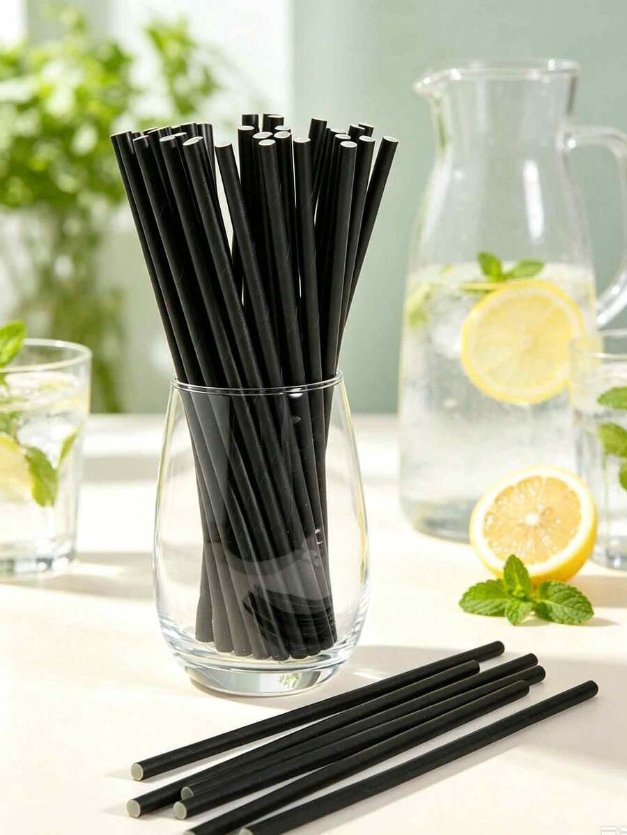 10/100/200pcs Pure Black Paper Straws, Candy Support Sticks, Suitable For Cocktails, Birthdays, Barbecues, Graduations, Back To School, Party Supplies, Christmas And Other Occasions - View 1