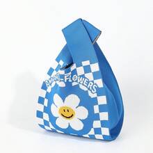 Flower Checkerboard Knit Vest Bag, Vintage Checkerboard Jacquard Wrist Pouch - Blue - View 8