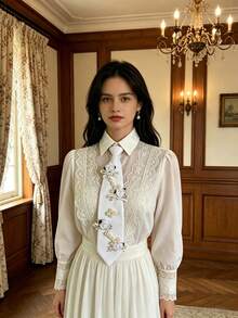 3D Flower Pearl String Polka Dot Bowknot White Tie-Free Necktie For Women, Exquisite Shirt Decoration Necktie For Girls - White Small Flower Pearl - View 8