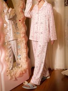 Gongdie 2 Pieces Women Pajama Set,Fall Pink Striped Soft Cotton Loungewear With Contrast Piping And Pocket - Pink - View 10