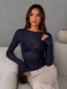 ChicMe Women's Boat Neck Long Sleeve Slim Fit T-Shirt, Sexy Sheer Mesh Tulle Base Layer Top, Suitable For Outings And Parties - Navy Blue - View 6