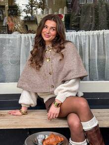 2026 Fall New Women's Round Neck Single-Breasted French Elegant Fashion Knit Poncho Sweater - Khaki - View 1