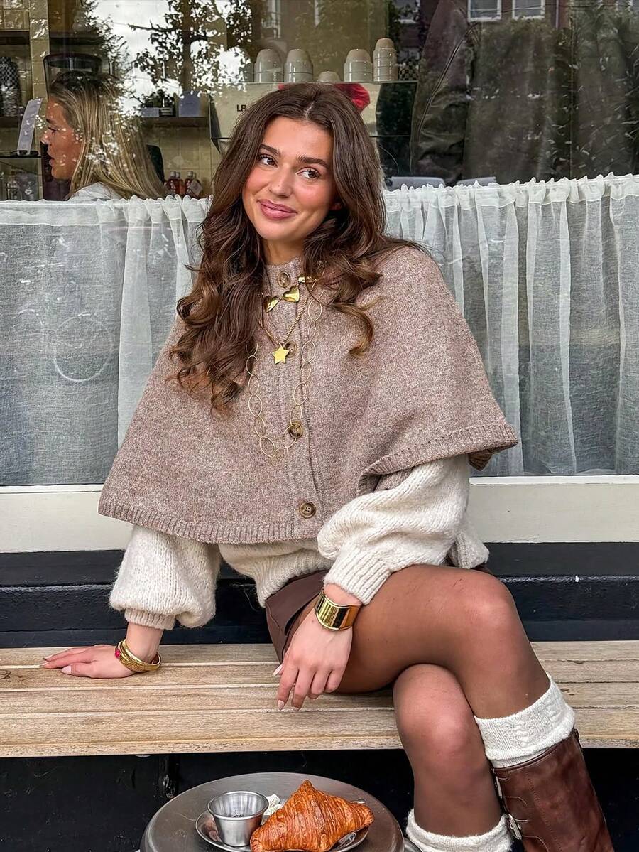 2026 Fall New Women's Round Neck Single-Breasted French Elegant Fashion Knit Poncho Sweater - Khaki - View 1