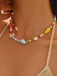 1 buah Kalung Liontin Tali Kepang Gaya Bohemian Biru untuk Wanita, Liontin Bintang Laut dan Cangkang Laut, Aksesori Putri Duyung, Cocok untuk Pakaian Pantai Musim Panas Wanita - MultiWarna - View 5