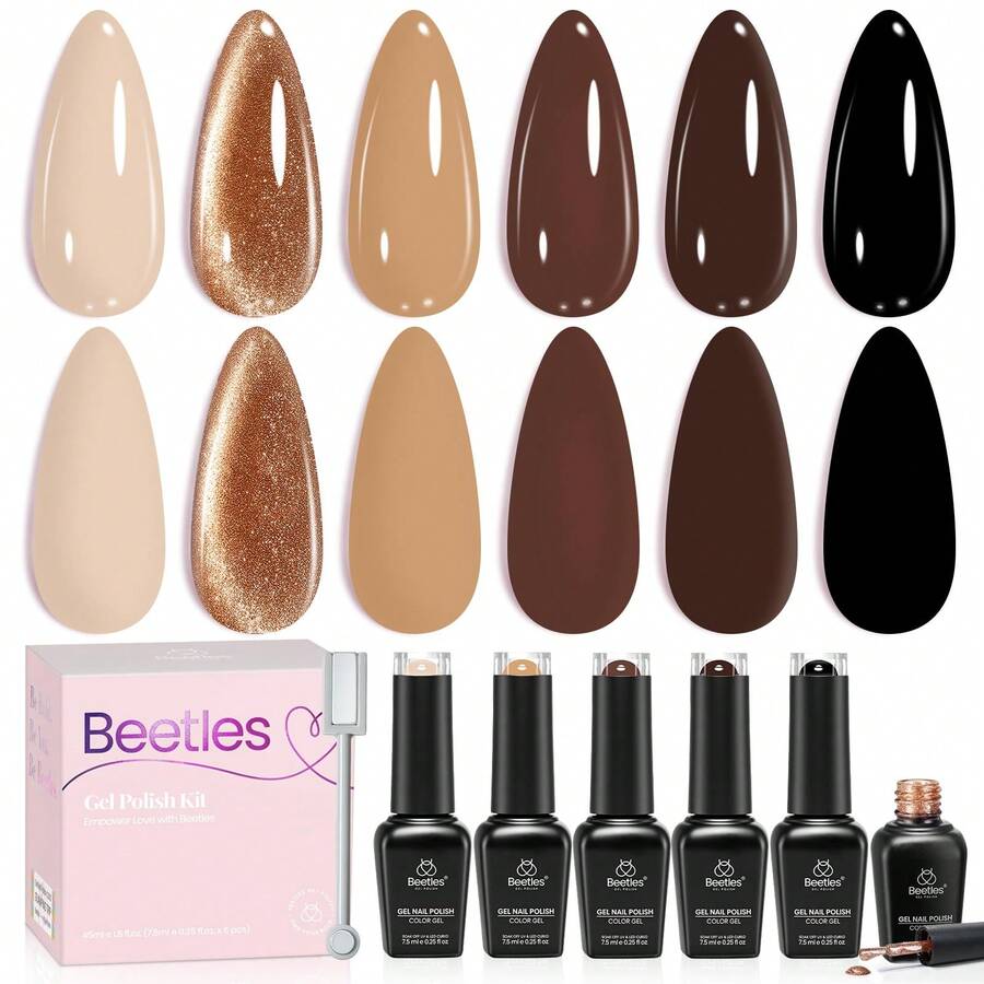 Beetles 6 Colors Brown Cat Eye Gel Polish Set With Magnet, Nude Beige Coffee Black & Rose Gold Magnetic Shimmer, Soak Off UV LED Neutral Nail Art For Fall Winter Manicure - 6色 裸色 米色 咖啡色 黑色 - 查看 1