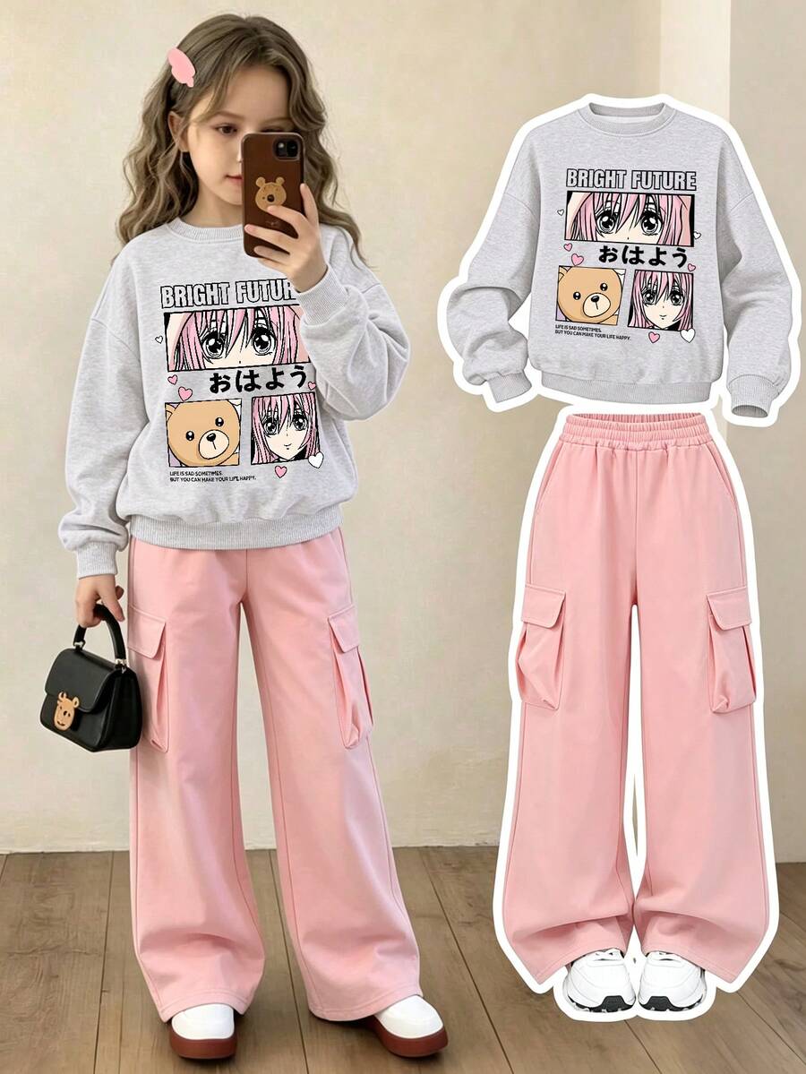 Japanese Anime Girl 2pcs Sports Set, Cartoon Girl Bear Pattern Sweatshirt With Cargo Wide Leg Pants, Spring/Autumn Outfit - Light Grey - View 1