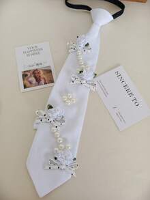 3D Flower Pearl String Polka Dot Bowknot White Tie-Free Necktie For Women, Exquisite Shirt Decoration Necktie For Girls - White Small Flower Pearl - View 2