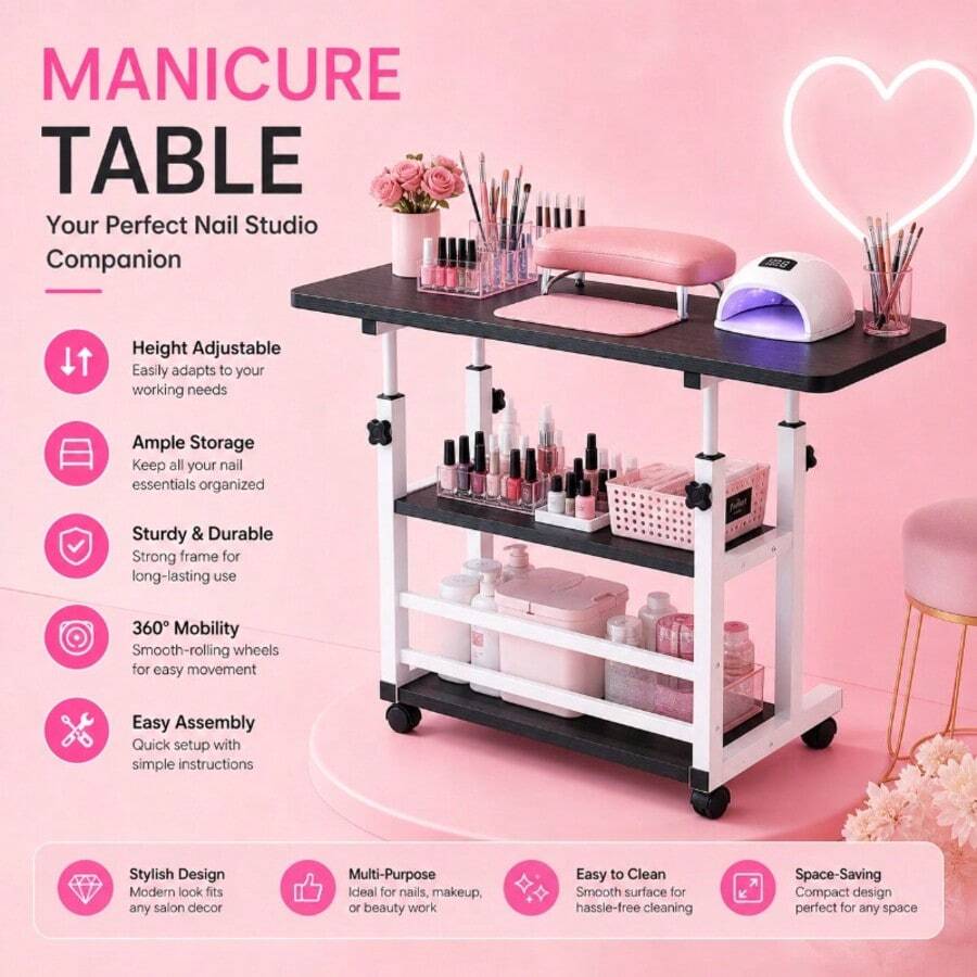 Height Adjustable Professional Portable Manicure Table, Reinforced Frame, Lockable Wheels, Silent Multi-Functional Mobile Nail Desk, Black & White Available, Perfect For Bedroom Living Room Study Small Space Outdoor Salon Home Use