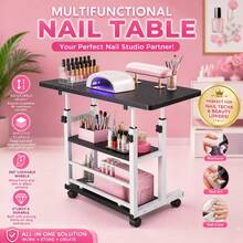 Height Adjustable Professional Portable Manicure Table, Reinforced Frame, Lockable Wheels, Silent Multi-Functional Mobile Nail Desk, Black & White Available, Perfect For Bedroom Living Room Study Small Space Outdoor Salon Home Use - Classic Black [Picnic Table] - 3-tier - View 3