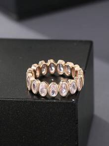 1pc Oval Cubic Zirconia Women's Ring, Copper Plated Gold Material, Suitable For Daily Wear And Evening Parties - Oval Ring - View 1