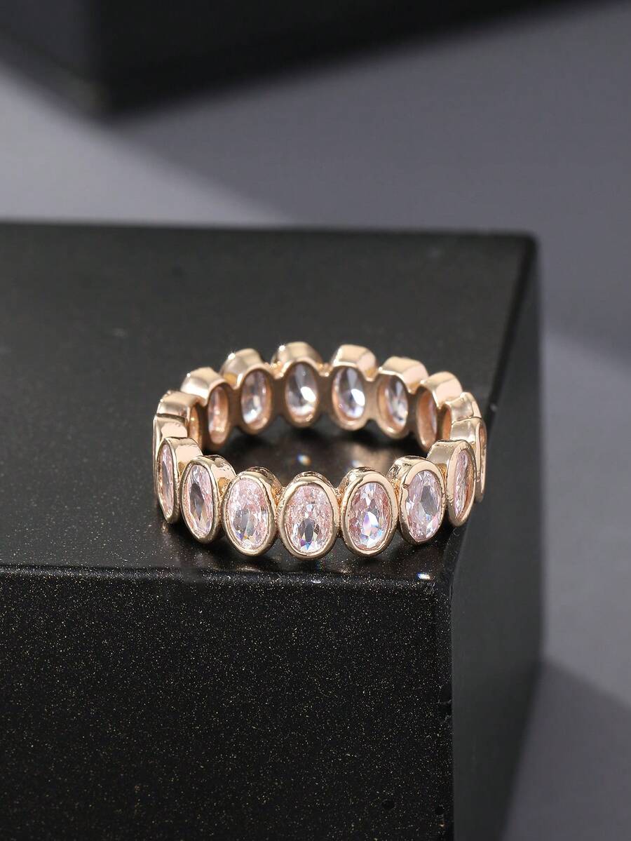 1pc Oval Cubic Zirconia Women's Ring, Copper Plated Gold Material, Suitable For Daily Wear And Evening Parties - Oval Ring - View 1
