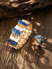 Set Perhiasan Gelang & Cincin Bertekstur Blok Warna Vintage, Gelang dan Cincin Enamel Geometris Tidak Beraturan Biru, Aksesori Fesyen Retro untuk Wanita Sehari-hari - Geometri 1 - View 1