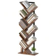 9-Tier Tree-Shaped Bookshelf, Slim Standing Shelf For Office, Rustic Brown - 鏽棕色 - 查看 1