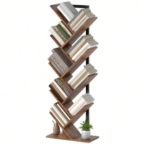 9-Tier Tree-Shaped Bookshelf, Slim Standing Shelf For Office, Rustic Brown - 鏽棕色 - 查看 1