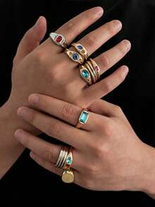 13pcs Fashion Hip Hop Multicolor Rhinestone Rings, Minimalist Geometric Knuckle Rings, Suitable For Stacking, Daily & Party Wear, Holiday Gift, Men's Ring Set - Multicolor - View 2