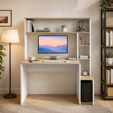HOMCOM Mesa de Escritorio con Estanterías Mesa de Ordenador Moderna con Estantes Soporte para Monitor CPU de Oficina Estudio 114x45x138 cm Blanco y Natural - A - Ver 8