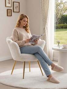 WAHSON OFFICE CHAIRS 1PC Wahson Velvet Armchair Armchair With Gold Legs, Comfortable Bedroom Armchair Relax Chair For Living Room/Bedroom - 白色 - 查看 2