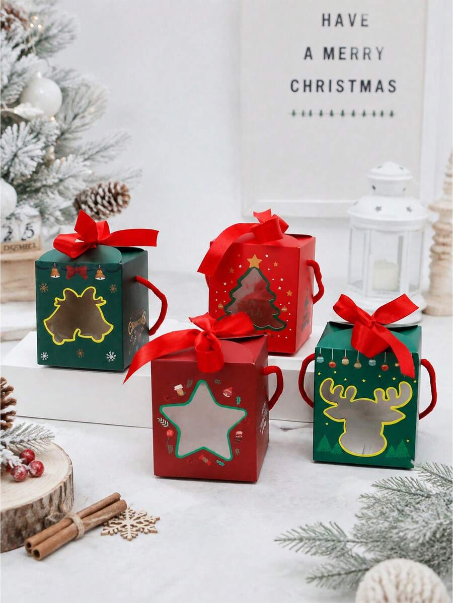 5pcs/10pcs Christmas Window Gift Boxes, Thickened White Cardboard Square Shape, Ribbon Handle With Bow, Unique Transparent Window, Christmas Tree Star Reindeer Pattern, Easy To Fold Candy Dessert Packaging Gift Box, Suitable For Christmas New Year Party Children Gifts - View 1