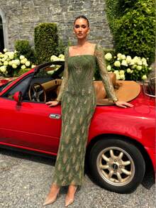 UNITHORSE [Random Cut] Square Neck Long Sleeve Tie-Waist Sequin Evening Dress - Olive Green - View 5
