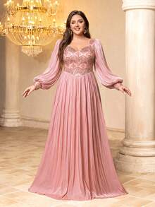 UNITHORSE[Random Cut]Sweetheart Neckline Lantern Sleeve Cinched Waist Sequin Patchwork Faux Silk Evening Dress Party Wedding - Pink - View 3