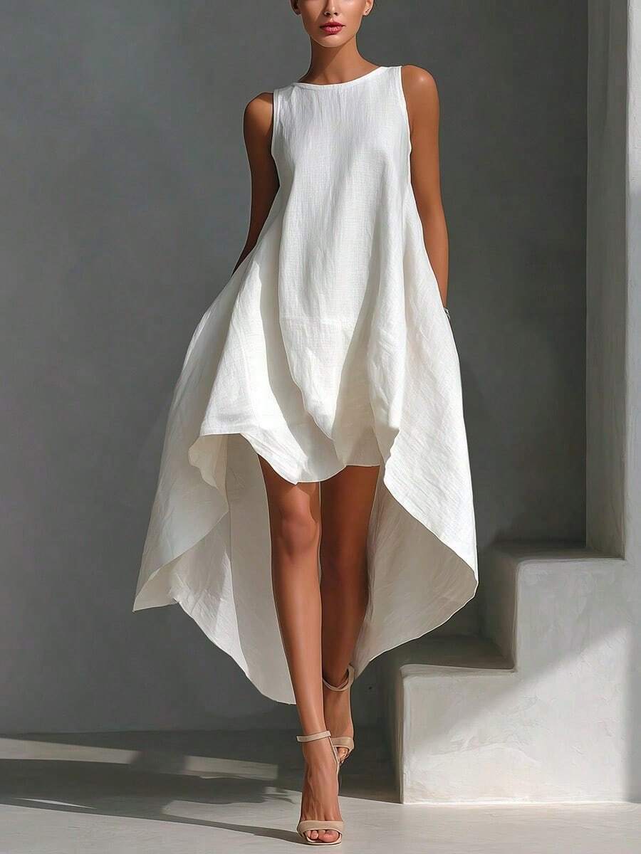 Casual Midi Dress For Women Sleeveless Crew Neck Loose A Line Irregular Hem Dress Summer Dresses For Women Vacation Outfit - 白色3 - 查看 1