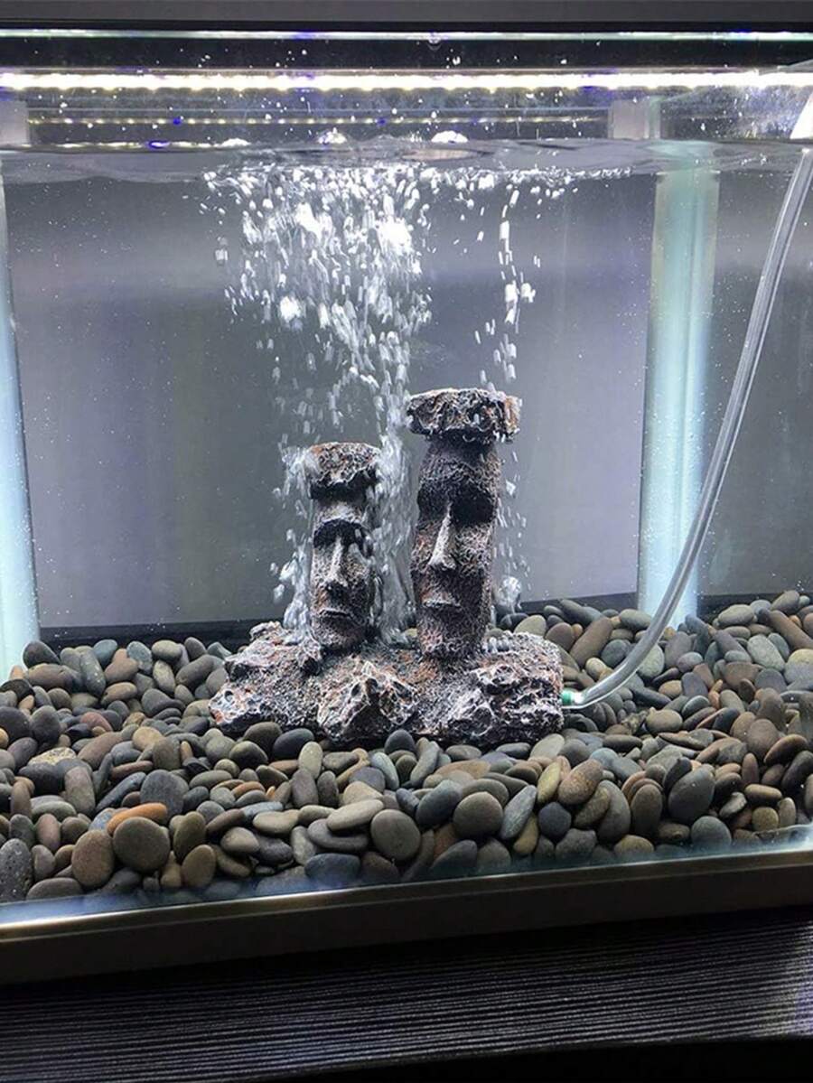Aquarium Bubble Decor Fish Tank Ornament Aquarium Air Stone Decoration Easter Island Moai Statue (Grey - Moai - Air Stone) - Style A - View 1