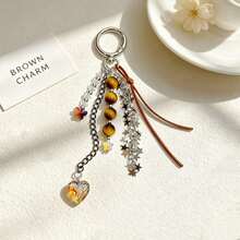 Vintage Brown Glass Heart Star Chain Bag Charm, Retro Aesthetic Keychain Pendant,Chic Beaded Tassel Purse Accessory, Y2K Minimalist Handbag Decoration - Multicolor - View 1