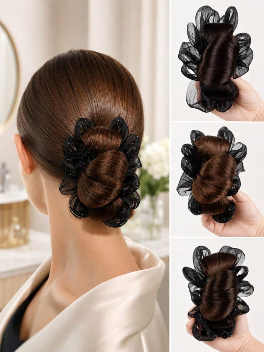 topshiny 1pc Fluffy Messy Bun Hair Extension With Claw Clip, Butterfly Mesh Bun Hair Piece, Voluminous Low Bun Updo Wig For Women - Multicolor - View 1