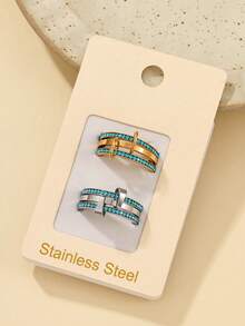 1/2pcs Stainless Steel 304 Material Gold And Silver Inlaid With Light Blue Rhinestone Triple Ring Stackable Rings, Set Purchase Comes With Card, Also Available For Individual Color Purchase, Suitable For Women's Daily Decoration Or Gift - Multicolor - View 1