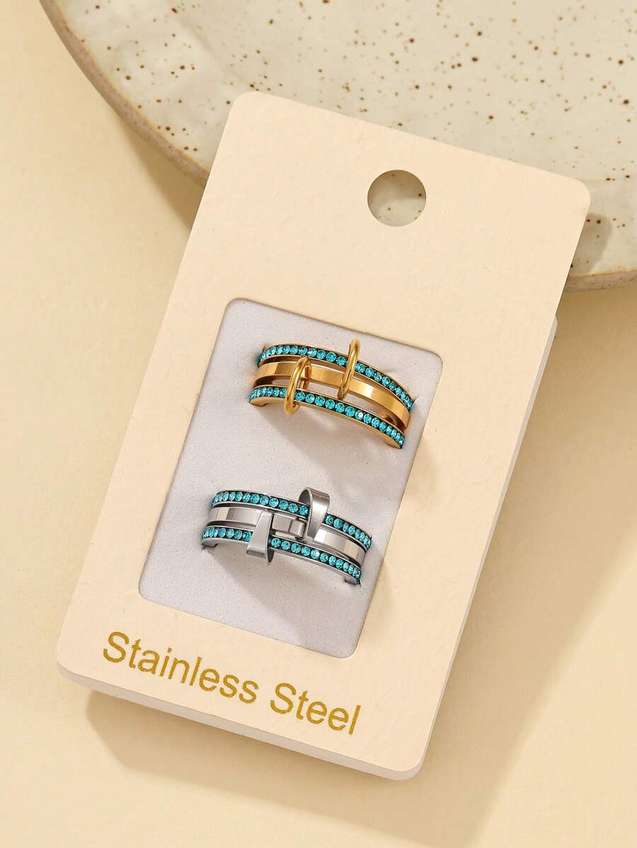 1/2pcs Stainless Steel 304 Material Gold And Silver Inlaid With Light Blue Rhinestone Triple Ring Stackable Rings, Set Purchase Comes With Card, Also Available For Individual Color Purchase, Suitable For Women's Daily Decoration Or Gift - Multicolor - View 1