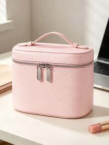 Thick Litchi Grain Wear-Resistant Durable Shaped Not Easily Deformed, Large Capacity Box-Type Storage For Makeup, Skincare And Cosmetics, Horizontal Box-Type Zipper Closure Dust-Proof, Minimalist Premium Commuter Style Makeup Storage Handbag - Pink - View 4