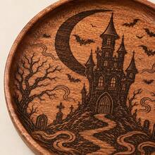 1pc Halloween Walnut Wood Carved Round Wooden Plate, Western Style Dinner Plate, Steak Plate, Candy Plate, Fruit Plate, Solid Wood Pizza Board, Tray, Holiday Decoration Tray - View 6