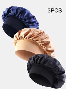 3pcs Women's Multi-Color Satin Wide Brim Sleep Caps, Solid Color Breathable Polyester Hair Caps For Daily Use - Multicolor - View 7