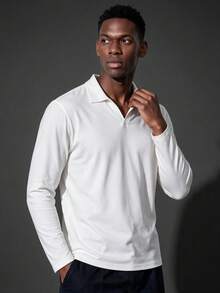 Camvyn Men's POLO, Autumn Slim Fit Square Shoulder Airplane Collar Long Sleeve T-Shirt, Casual Versatile - White - View 3
