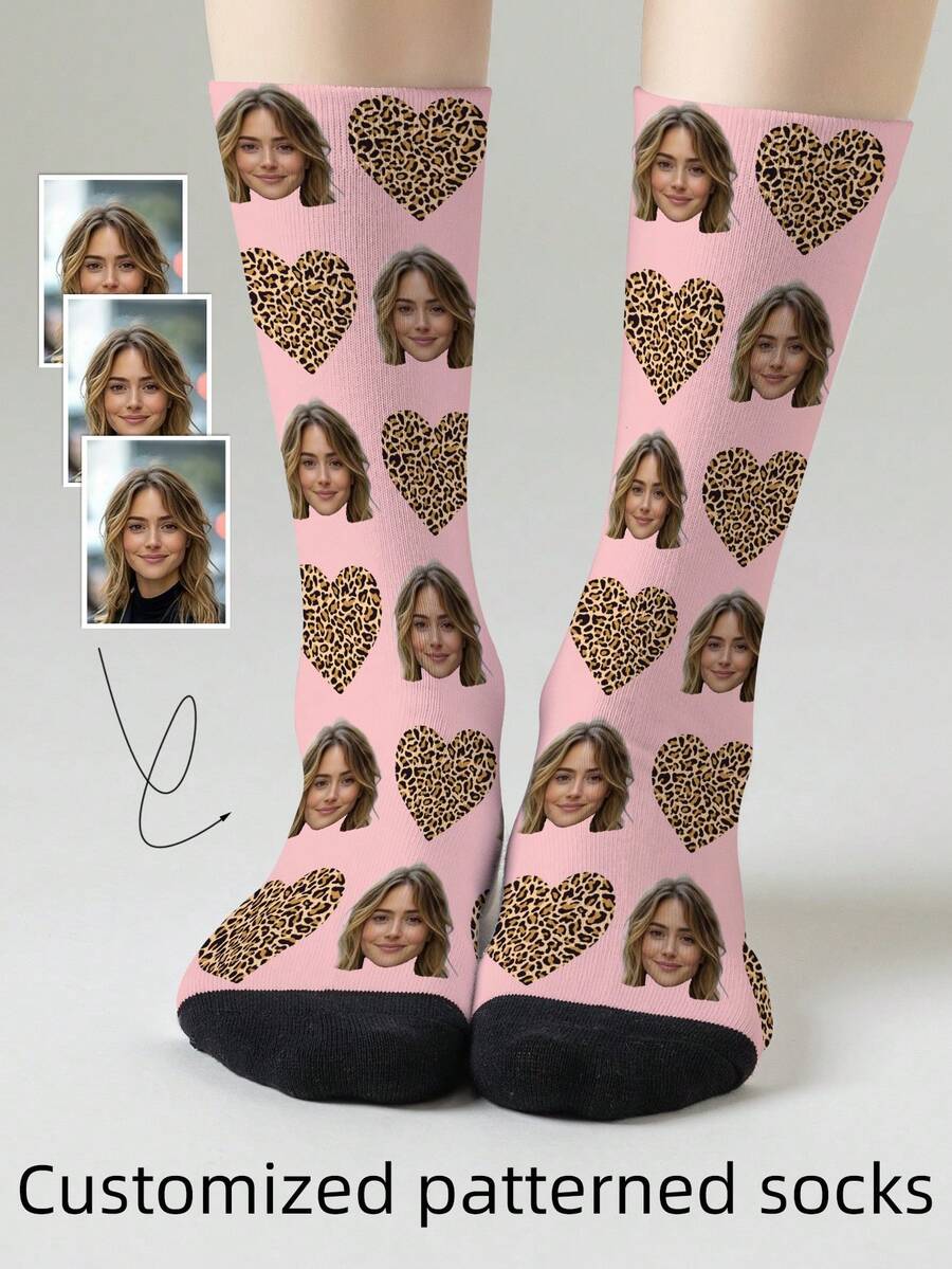 1 Pair Customizable Men's Mid-Calf Socks With Face Pattern, Can Print Any Face On Socks, Personalized Photo Socks, Fun Custom Image Mid-Calf Socks, Suitable For Valentine's Day, Birthday, Gift-Giving, Daily Holidays And Other Occasions, Personalized Customization