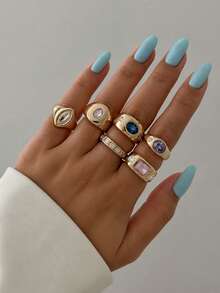 6pcs Vintage Minimalist Luxury Rhinestone Rings Set, Metal Gold Open Finger Rings, Fashion Accessories For Women Daily, Party, Vacation, Gifts For Friends - Yellow Gold - View 5