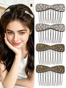 4pcs Women's Latest High-Top Volumizing Bow Rhinestone Seamless Invisible Backcomb Hair Clips, Side Hair Taming Volumizing Tool Small Backcomb Hair Clips For Bangs, Hair Styling Volumizing Top Clips, Makeup Positioning, Beach Vacation, Face-Slimming, Princess Gift Hair Accessories - Multicolor - View 2