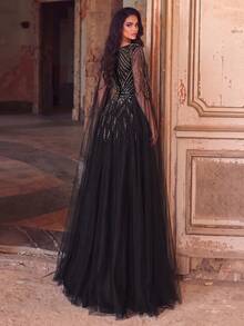 Elegant Black Long Ball Gown With Rhinestone Sequin Embellished Bodice And Sheer Extra-Long Cloak Sleeves, Perfect For Formal Evening Parties - Black - View 2