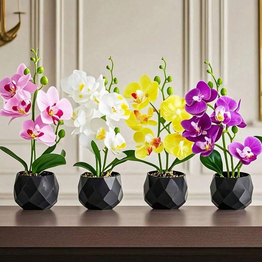 Artificial Plants, Black & White Rhombus Planter, 4-Color Potted Orchids, Suitable For Kitchen, Office, Bedroom, Study And Other Space Decoration, No Maintenance Required - Black Pot - White Flowers - View 1