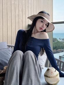 Sweet & Spicy Style Sexy Cold Shoulder Asymmetrical Button Waist-Cinched Top, Slimming Elastic Long Sleeve Base Layer Top For Women, Autumn - Navy Blue - View 2