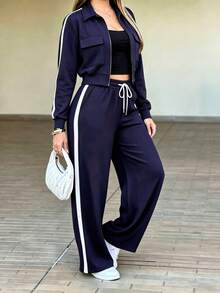 Women 2 Pcs Tracksuit Set, Color Block Zip Up Jacket & Side Stripe Wide Leg Pants, Retro Sporty Casual Streetwear Outfit, Navy Blue Fall Matching Set - Navy - View 7