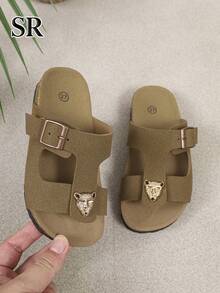 1 Pair Girls Khaki Metal Leopard Head Decor Fashion Slippers, Minimalist Casual Sandals, Daily & Vacation Sandals - Khaki - View 3