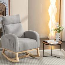Mid‑Century Modern Teddy Fabric Rocking Chair, Ergonomic Padded Rocker Armchair With Side Storage Pocket, Solid Wood Rocking Legs For Living Room, Bedroom, Reading Nook - Grey - View 3