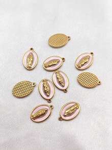 5/10pcs Stainless Steel 18K Gold Plated Oil-Drip Vintage French Portrait Virgin Mary Oval Pendant Set - Pink - View 7