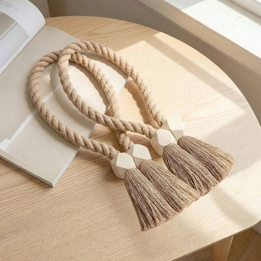 1pc/8pcs Wooden Bead Magnetic Curtain Tiebacks, Handmade Rope Curtain Tiebacks, Bohemian Style With Geometric Wooden Beads And Handmade Tassels, Rustic Curtain Tiebacks For Home Decor - Multicolor - View 1