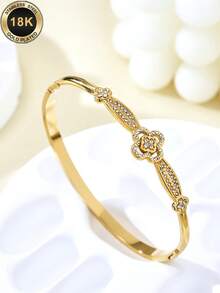 TONSI 1pc Fashionable Luxury Minimalist 18K Gold Plated Stainless Steel Cubic Zirconia Inlaid Four-Leaf Clover, Lucky Flower, Three-Leaf Clover Bracelet, Suitable For Women's Daily, Commute, Party Wear, Gift For Lover, Friend, Mom - Gold - View 1