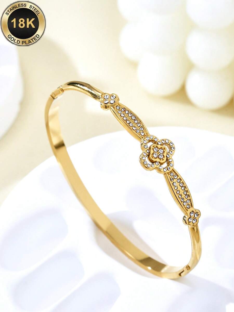TONSI 1pc Fashionable Luxury Minimalist 18K Gold Plated Stainless Steel Cubic Zirconia Inlaid Four-Leaf Clover, Lucky Flower, Three-Leaf Clover Bracelet, Suitable For Women's Daily, Commute, Party Wear, Gift For Lover, Friend, Mom - Gold - View 1